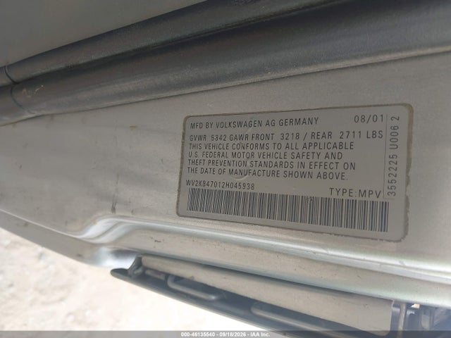 2002 Volkswagen Eurovan Gls მანქანა იყიდება აუქციონზე, vin: WV2KB47012H045938, აუქციონის ნომერი: 46135540