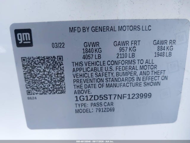 46135546 :رقم المزاد ، 1G1ZD5ST7NF123999 vin ، 2022 Chevrolet Malibu Fwd Lt مزاد بيع
