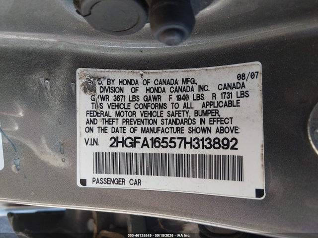 Auction sale of the 2007 Honda Civic Lx, vin: 2HGFA16557H313892, lot number: 46135549