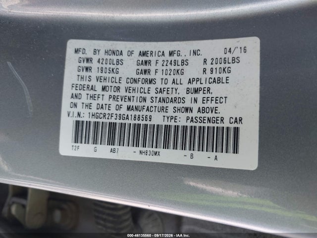 46135560 :رقم المزاد ، 1HGCR2F39GA188569 vin ، 2016 Honda Accord Lx مزاد بيع