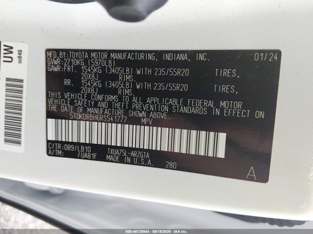 Продажа на аукционе авто 2024 Toyota Highlander Limited, vin: 5TDKDRBH6RS541777, номер лота: 46135564
