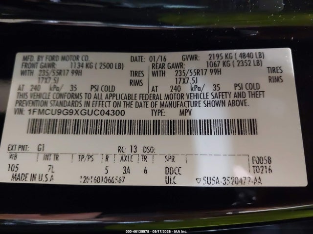 Auction sale of the 2016 Ford Escape Se, vin: 1FMCU9G9XGUC04300, lot number: 46135575