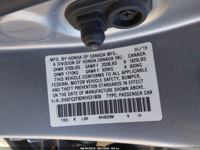 Продаж на аукціоні авто 2019 Honda Civic Sport, vin: 2HGFC2F82KH531808, номер лоту: 46135576