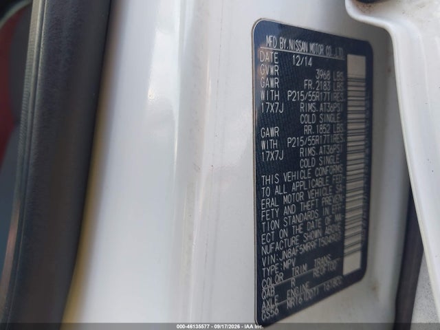 46135577 :رقم المزاد ، JN8AF5MR9FT504907 vin ، 2015 Nissan Juke Nismo/s/sl/sv مزاد بيع