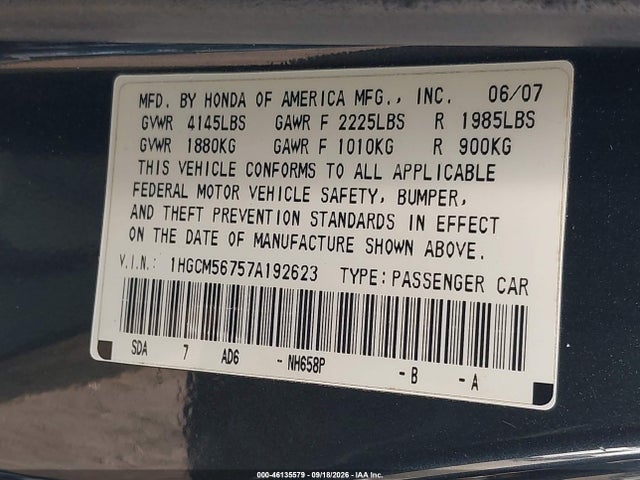 Продажа на аукционе авто 2007 Honda Accord 2.4 Ex, vin: 1HGCM56757A192623, номер лота: 46135579