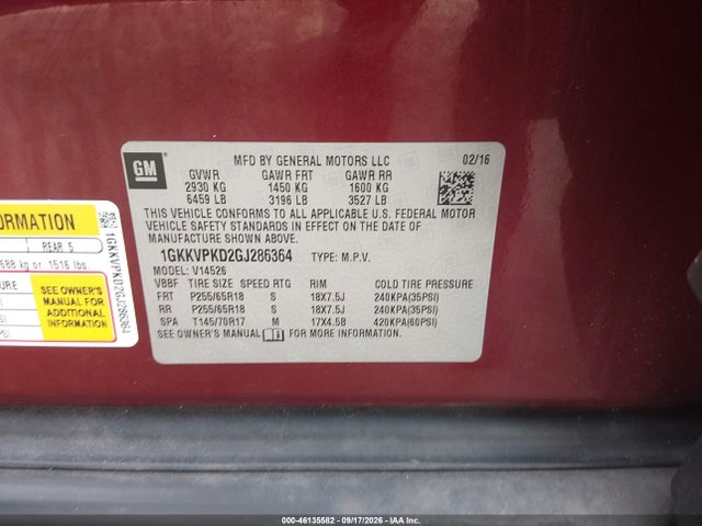 Aukcja sprzedaży 2016 Gmc Acadia Sle-2, vin: 1GKKVPKD2GJ286364, numer aukcji: 46135582