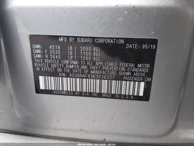 2019 Subaru Legacy 2.5i Premium მანქანა იყიდება აუქციონზე, vin: 4S3BNAF65K3036327, აუქციონის ნომერი: 46135588