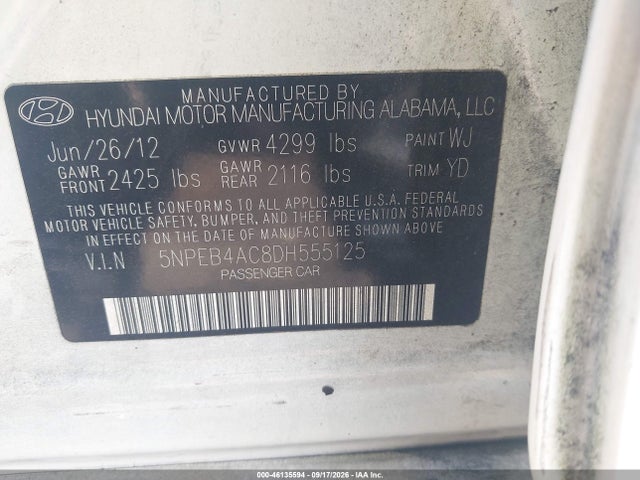 Продажа на аукционе авто 2013 Hyundai Sonata Gls, vin: 5NPEB4AC8DH555125, номер лота: 46135594