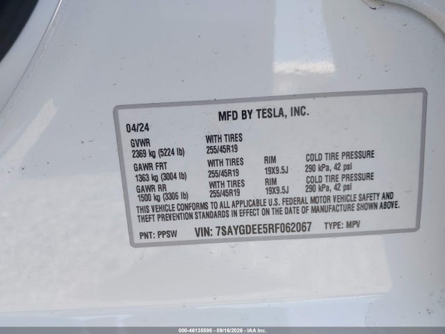 Aukcja sprzedaży 2024 Tesla Model Y Long Range Dual Motor All-wheel Drive, vin: 7SAYGDEE5RF062067, numer aukcji: 46135598