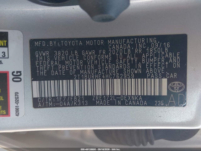 Aukcja sprzedaży 2017 Toyota Corolla Le, vin: 2T1BURHE4HC762959, numer aukcji: 46135600
