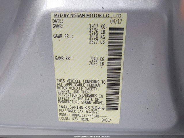 Nissan Altima 2.5 S 2017 1N4AL3AP1HN353649 Image 9