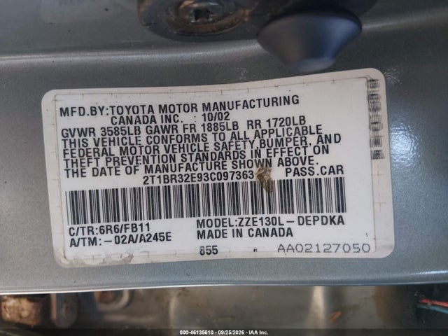 46135610 :رقم المزاد ، 2T1BR32E93C097363 vin ، 2003 Toyota Corolla Ce مزاد بيع