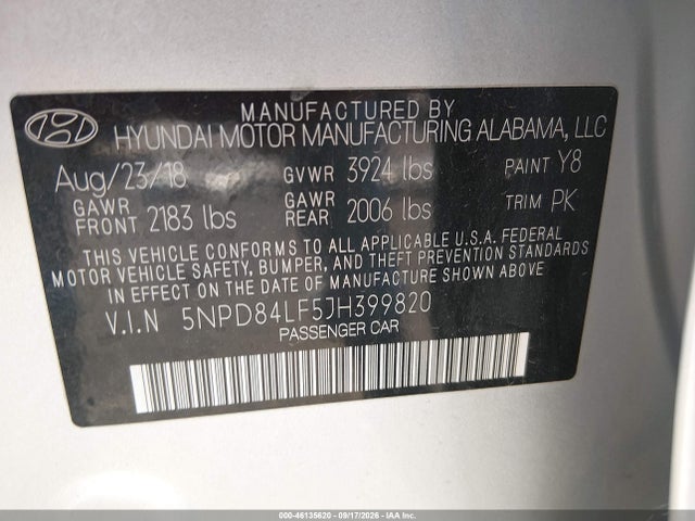 Продажа на аукционе авто 2018 Hyundai Elantra Sel, vin: 5NPD84LF5JH399820, номер лота: 46135620