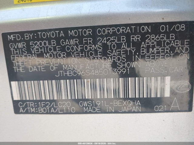 46135636 :رقم المزاد ، JTHBC96S485013991 vin ، 2008 Lexus Gs 450h مزاد بيع