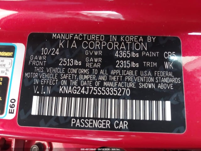 2025 Kia K5 Lxs მანქანა იყიდება აუქციონზე, vin: KNAG24J75S5335270, აუქციონის ნომერი: 46135648