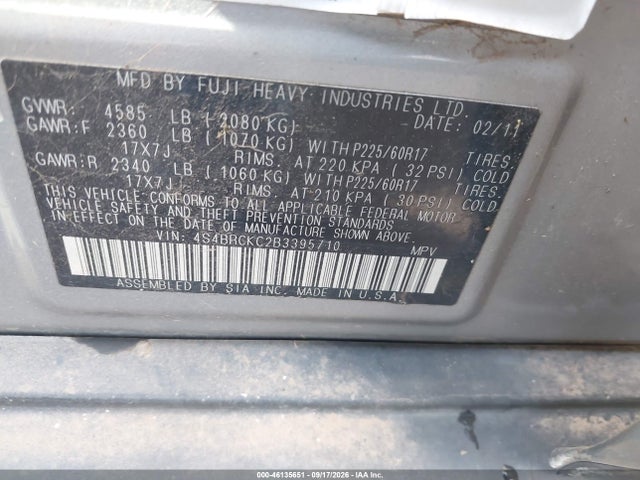Aukcja sprzedaży 2011 Subaru Outback 2.5i Limited, vin: 4S4BRCKC2B3395710, numer aukcji: 46135651
