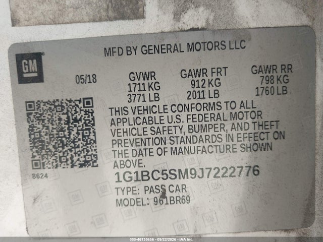 46135656 :رقم المزاد ، 1G1BC5SM9J7222776 vin ، 2018 Chevrolet Cruze Ls Auto مزاد بيع
