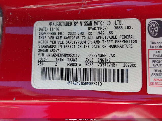 Aukcja sprzedaży 2017 Nissan 370z Nismo Tech, vin: JN1AZ4EH5HM953410, numer aukcji: 46135689