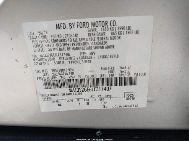 46135705 :رقم المزاد ، MAJ3S2GE6LC317407 vin ، 2020 Ford Ecosport Se مزاد بيع