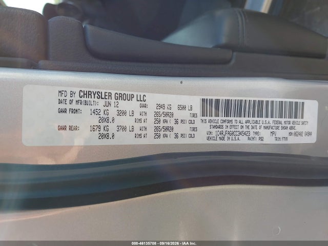 Aukcja sprzedaży 2012 Jeep Grand Cherokee Laredo, vin: 1C4RJFAG0CC345423, numer aukcji: 46135708