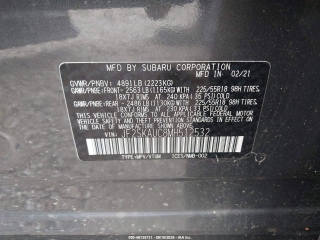 Auction sale of the 2021 Subaru Forester Limited, vin: JF2SKAUC8MH512532, lot number: 46135731