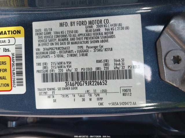 46135732 :رقم المزاد ، 3FA6P0G79JR226652 vin ، 2018 Ford Fusion S مزاد بيع