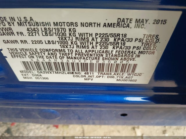 Продажа на аукционе авто 2015 Mitsubishi Outlander Sport Es, vin: 4A4AR3AUXFE036005, номер лота: 46135740