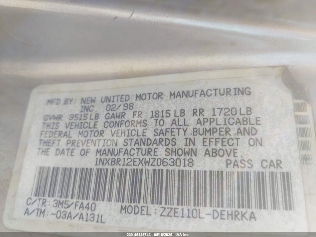 Aukcja sprzedaży 1998 Toyota Corolla Ve/ce/le, vin: 1NXBR12EXWZ063018, numer aukcji: 46135743
