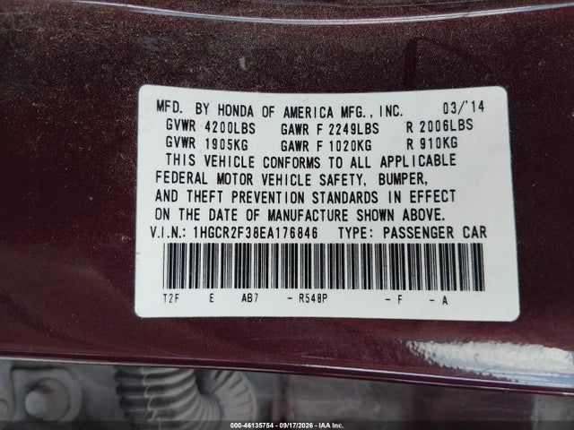 2014 Honda Accord Lx მანქანა იყიდება აუქციონზე, vin: 1HGCR2F38EA176846, აუქციონის ნომერი: 46135754