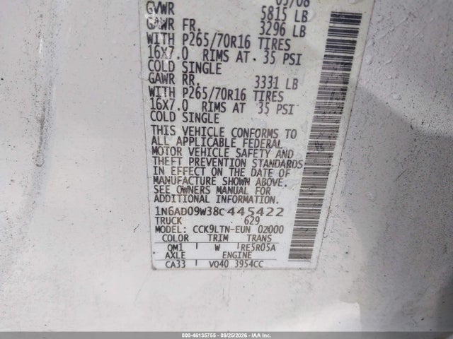 Продажа на аукционе авто 2008 Nissan Frontier Se, vin: 1N6AD09W38C445422, номер лота: 46135755