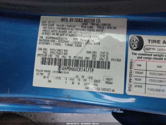 Продаж на аукціоні авто 2012 Ford Fusion Se, vin: 3FAHP0HAXCR141759, номер лоту: 46135774