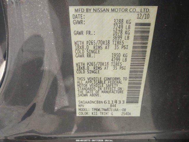 Продажа на аукционе авто 2011 Nissan Armada Sv, vin: 5N1AA0NC8BN611433, номер лота: 46135773