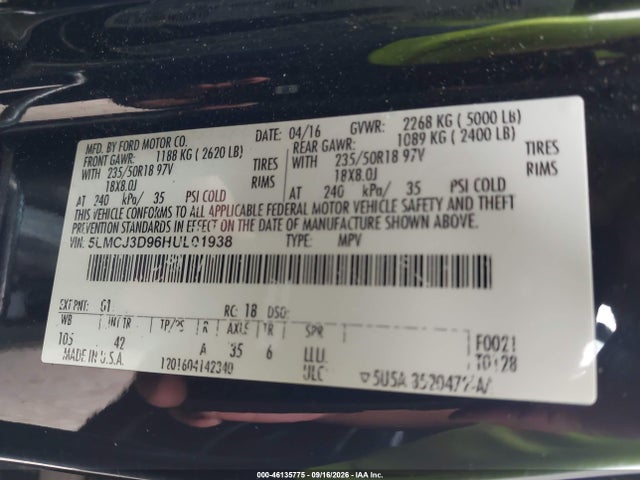 Продажа на аукционе авто 2017 Lincoln Mkc Reserve, vin: 5LMCJ3D96HUL01938, номер лота: 46135775