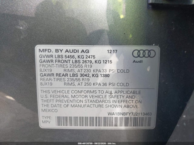 2018 Audi Q5 2.0t Premium/2.0t Tech Premium მანქანა იყიდება აუქციონზე, vin: WA1BNBFY7J2113463, აუქციონის ნომერი: 46135789