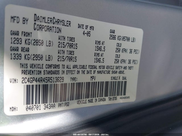 46135790 :رقم المزاد ، 2C4GP44R45R513629 vin ، 2005 Chrysler Town & Country Lx مزاد بيع