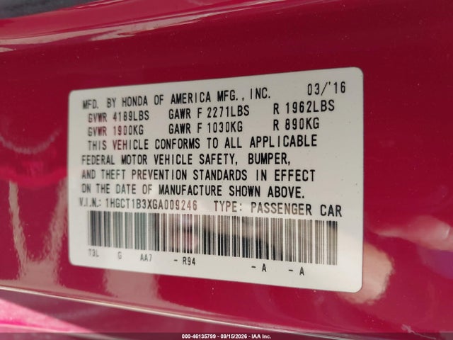 Aukcja sprzedaży 2016 Honda Accord Lx-s, vin: 1HGCT1B3XGA009246, numer aukcji: 46135799