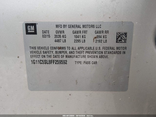 Продажа на аукционе авто 2015 Chevrolet Malibu 1lt, vin: 1G11C5SL8FF259592, номер лота: 46135800