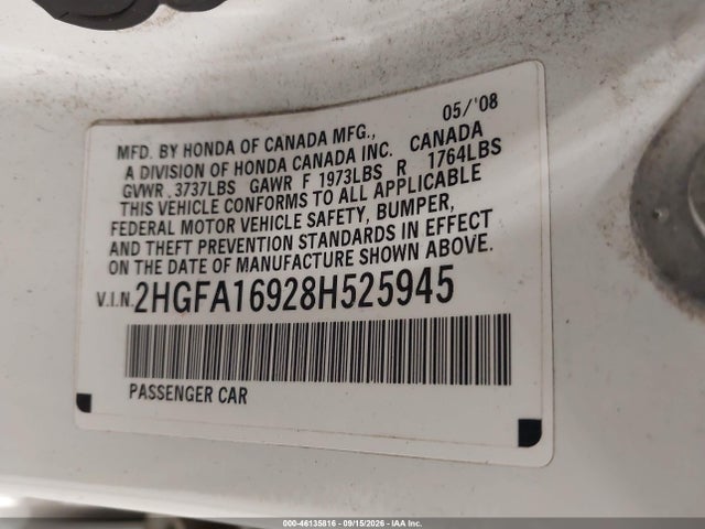 46135816 :رقم المزاد ، 2HGFA16928H525945 vin ، 2008 Honda Civic Ex-l مزاد بيع