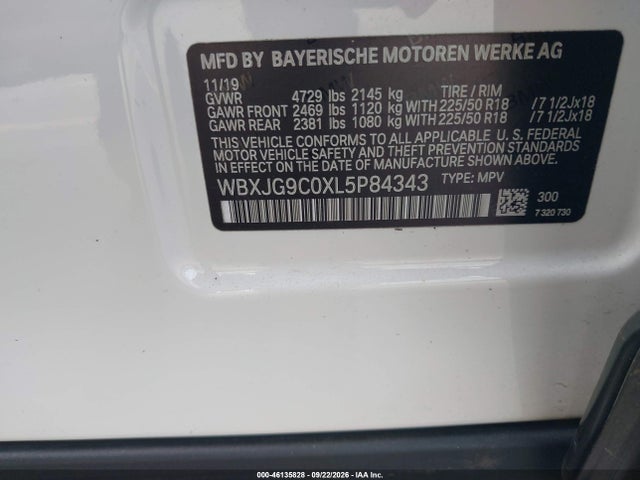 46135828 :رقم المزاد ، WBXJG9C0XL5P84343 vin ، 2020 Bmw X1 Xdrive28i مزاد بيع