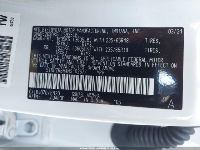 Toyota Highlander Xle 2021 5TDHZRBH4MS102677 Image 9