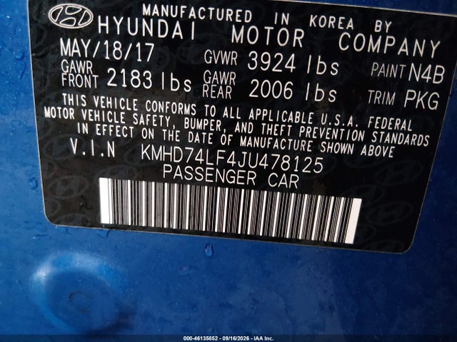 Продаж на аукціоні авто 2018 Hyundai Elantra Se, vin: KMHD74LF4JU478125, номер лоту: 46135852