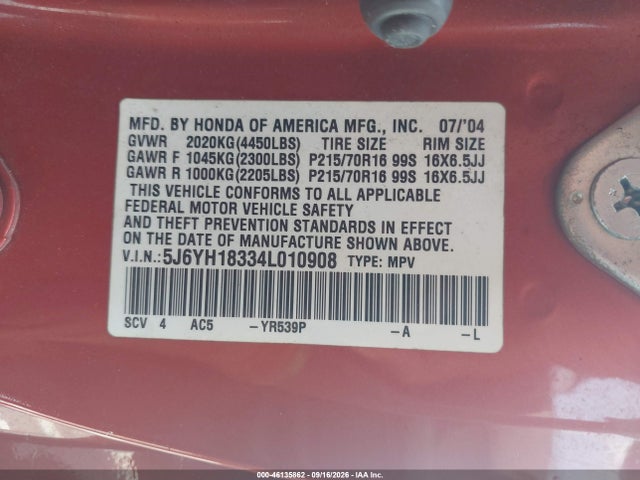 2004 Honda Element Lx მანქანა იყიდება აუქციონზე, vin: 5J6YH18334L010908, აუქციონის ნომერი: 46135862