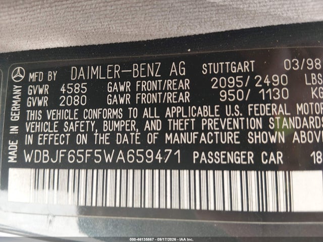Aukcja sprzedaży 1998 Mercedes-benz E 320, vin: WDBJF65F5WA659471, numer aukcji: 46135867
