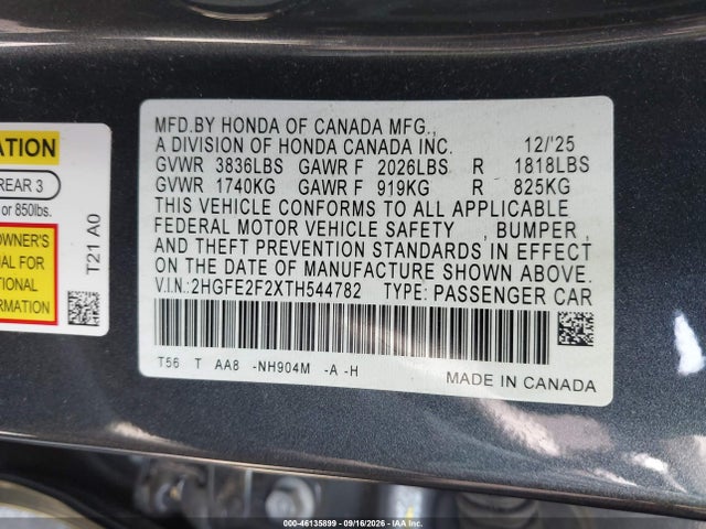 Aukcja sprzedaży 2026 Honda Civic Lx, vin: 2HGFE2F2XTH544782, numer aukcji: 46135899