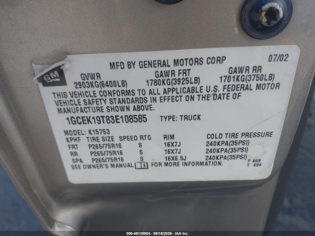 Aukcja sprzedaży 2003 Chevrolet Silverado 1500 Ls, vin: 1GCEK19T83E108585, numer aukcji: 46135904
