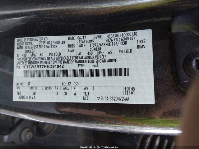 46135910 :رقم المزاد ، 1FT7W2BT7HED91842 vin ، 2017 Ford F-250 Lariat مزاد بيع