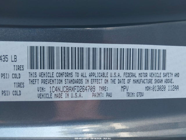46135912 :رقم المزاد ، 1C4NJCBAXFD264709 vin ، 2015 Jeep Compass Altitude Edition مزاد بيع