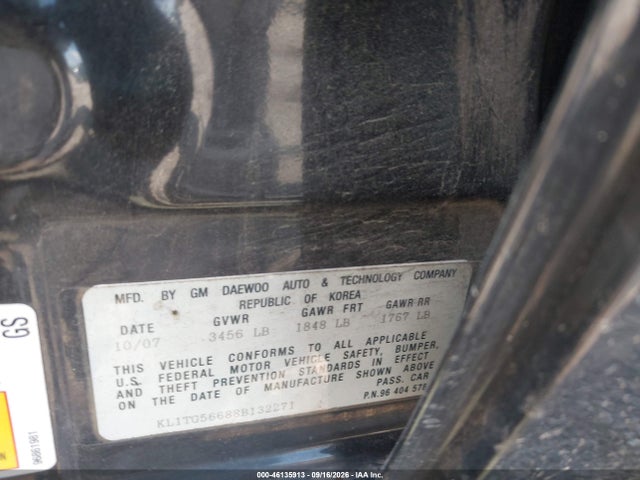 46135913 :رقم المزاد ، KL1TG56688B132271 vin ، 2008 Chevrolet Aveo Lt مزاد بيع