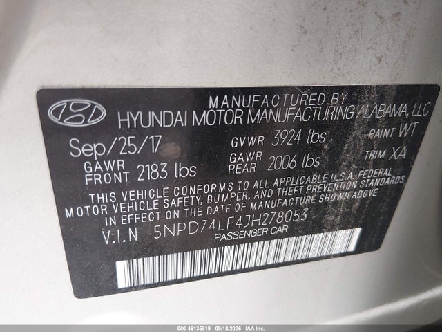 Продаж на аукціоні авто 2018 Hyundai Elantra Se, vin: 5NPD74LF4JH278053, номер лоту: 46135919