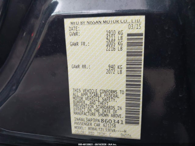Aukcja sprzedaży 2015 Nissan Altima 2.5 Sl, vin: 1N4AL3AP3FN860341, numer aukcji: 46135921